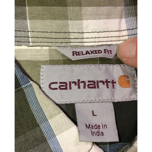 Carhartt Shirt Plaid Button Up Short Sleeve Relaxed Fit Green White Mens Sz L - Picture 5 of 9